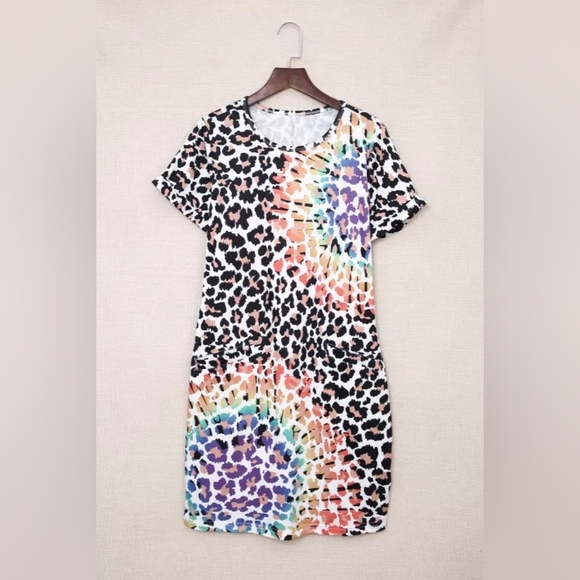 Leopard Reverse Tie Dye Rainbow Pocket Mini Dress - Picture 2 of 4